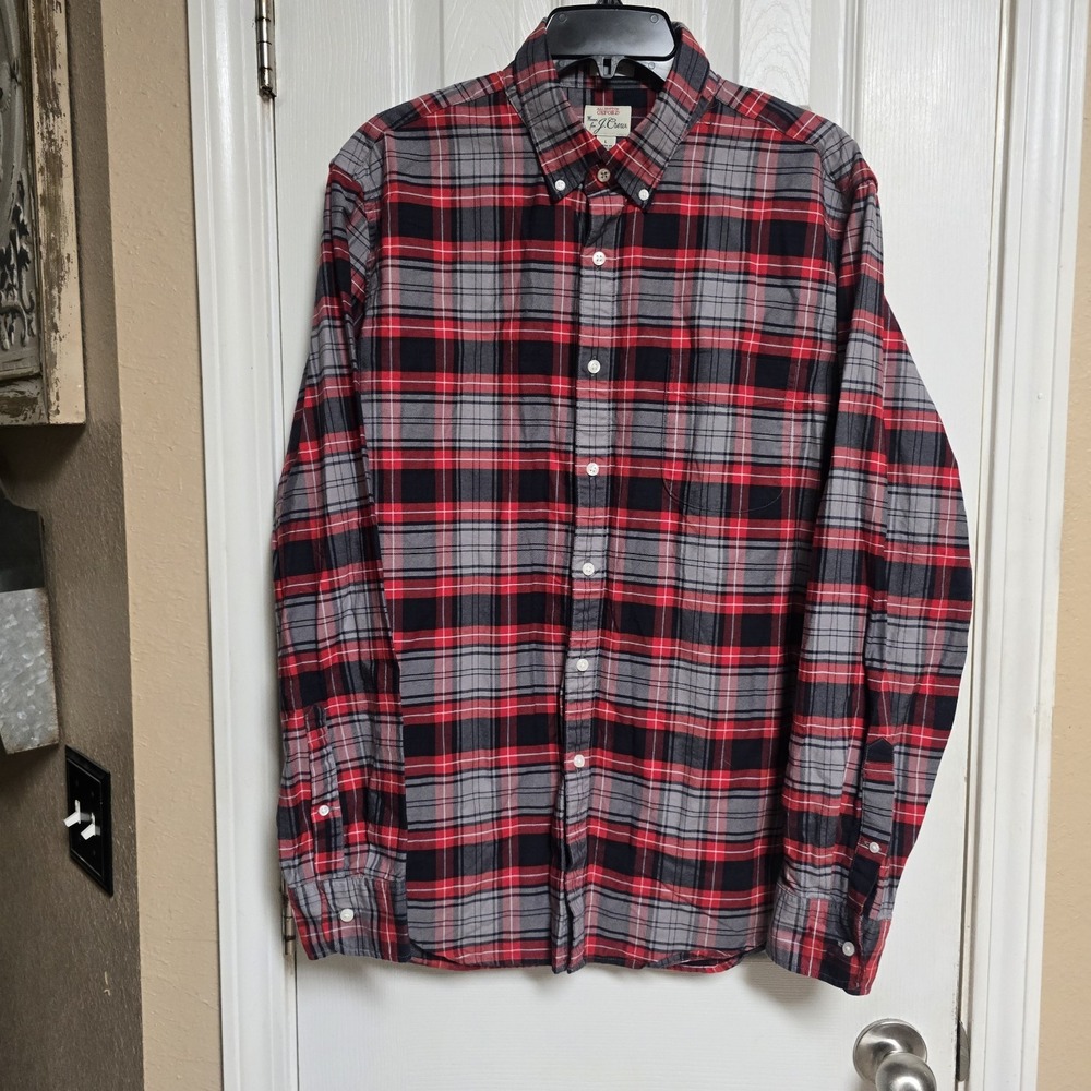J.Crew Classic Oxford Shirt Mens Large Red Gray Black Plaid 100% Cotton Preppy